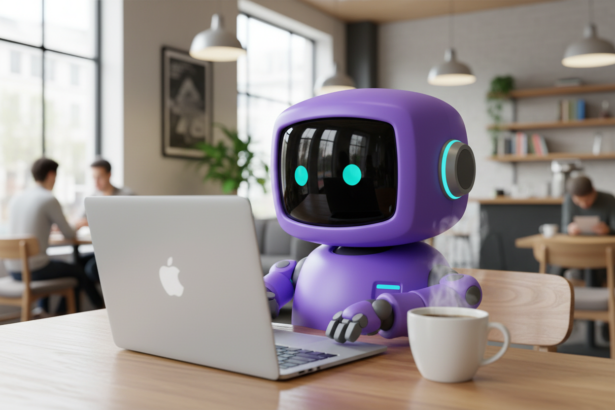 Sevi AI robot optimizing website SEO from a cozy cafe